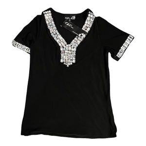 GORGEOUS BLACK CRYSTAL EMBELLISHED SLINKY TOP! SIZE SMALL